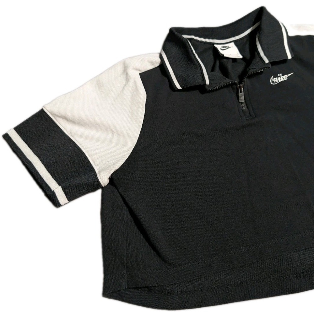 Nike Girls Cropped Quarter Zip Polo Shirt Youth Large Black White Short Sleeve - Picture 4 of 6
